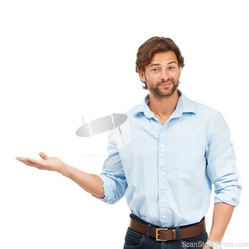 Image of Portrait, businessman and hand with space for gesture or idea on studio white background. Face, man and hands pointing for planning, thinking and startup goal, vision and planning, choose or option