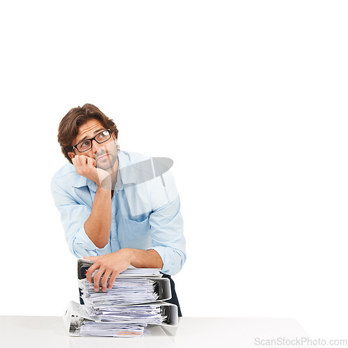 Image of Burnout, stress and businessman with stack of paperwork on desk for deadline, corporate project and report. Ideas, vision and tired employee thinking with pile of files, papers and documents on desk