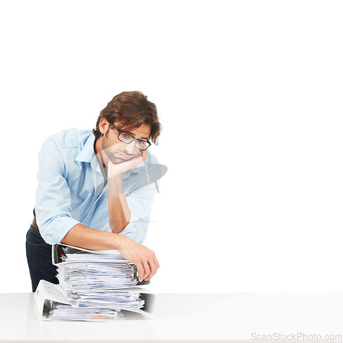 Image of Stress, burnout and businessman with paper, documents and workload pressure on a white background. Overwhelmed, male and corporate employee with boring admin task looking exhausted, sad and isolated