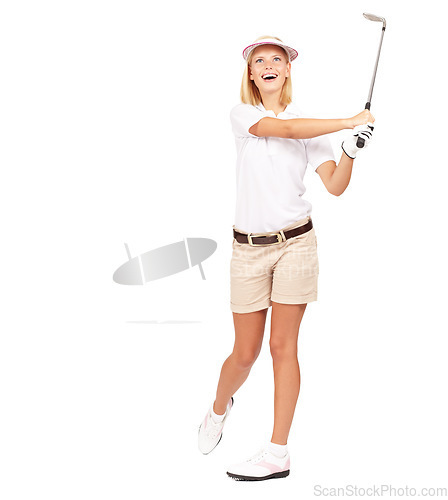 Image of Fitness, exercise and golf by woman in studio happy, relax and smile while training on white background. Sport, wellness and girl golf player laughing while playing, having fun and swinging golf club