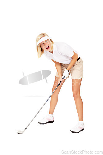 Image of Woman, golf and stick ready for sports game, match or fun golfing against a white studio background. Happy blond female golfer isolated in sport with golf club screaming in frustration after shot