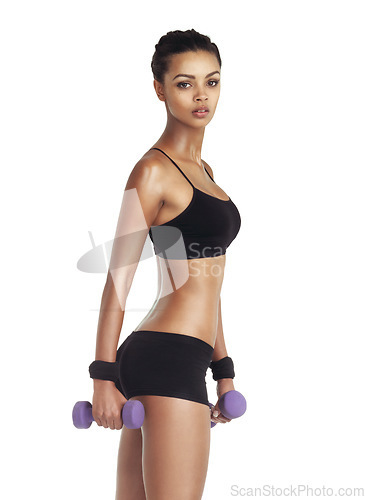 Image of Fitness, weight and portrait of a black woman training for healthy lifestyle and exercise. White background, isolated and health lifestyle of a woman in underwear for body cardio and workout