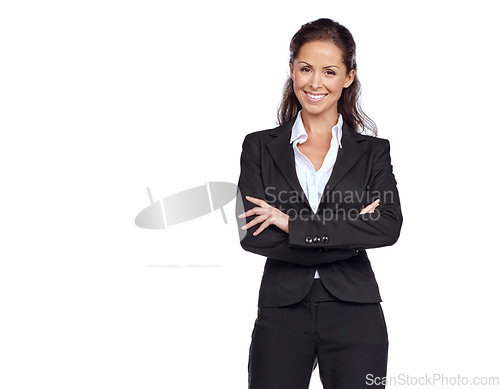 Image of Woman, corporate and studio portrait with arms crossed, smile and happiness by white background. Isolated executive, business leader and happy for mission, innovation and success with company vision