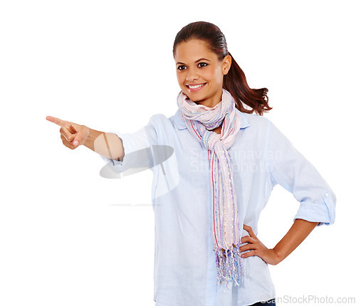 Image of Woman, hands or pointing on isolated white background at promotion mockup, marketing space or advertising mock up. Smile, happy or fashion model and showing hand gesture at shop sales or retail deal