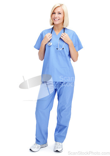 Image of Nurse, portrait and stethoscope on isolated white background in cardiovascular, lungs or heart wellness check. Smile, happy woman and face of healthcare worker, medical equipment or doctor consulting