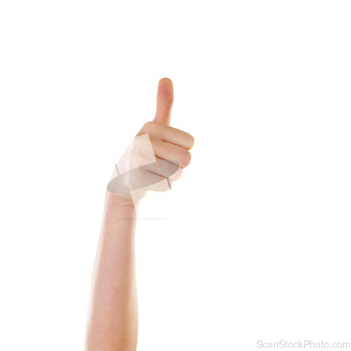 Image of Thumbs up, hand and winner hands of a person with yes, achievement and motivation gesture. White background, mock up and isolated model in a studio showing agreement, deal and satisfaction signs