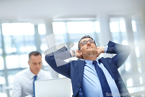 Image of Office employee, relax business man and working in trading, stock market or investment company. Finance economy, bitcoin mining or sitting crypto trader, calm broker or financial analyst leaning back