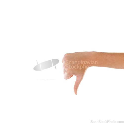 Image of Hand, thumbs down and mockup with an emoji in studio isolated on a white background for a logo or brand. Social media, negative and no with a gesture or sign of disagreement on blank mock up space
