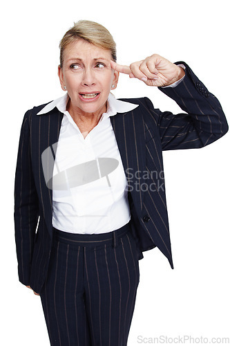Image of Thinking, stress and business woman with mental health burnout isolated on a white background in studio. Idea, corporate and frustrated senior worker with professional anxiety on a studio background