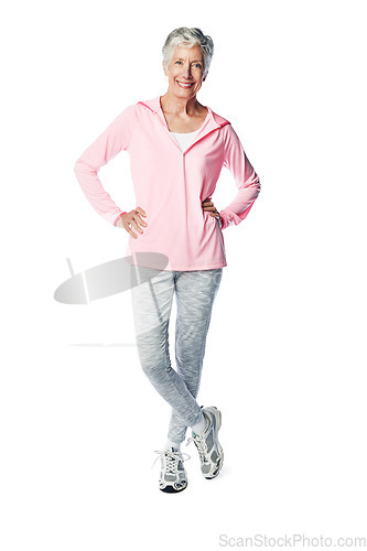 Image of Portrait, training and a senior woman in studio isolated full body on a white background for marketing. Exercise, health and active seniors with a mature female posing to promote wellness or fitness