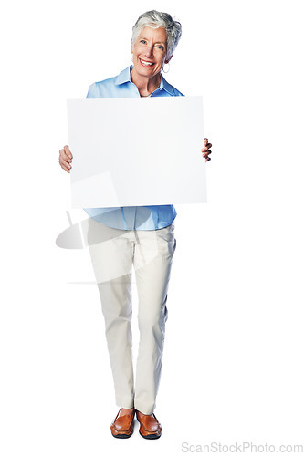 Image of Poster mockup, studio portrait and senior woman with marketing placard, advertising banner or product placement. Mock up, billboard promotion sign and happy sales model isolated on white background