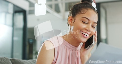 Image of Phone, call and conversation of a woman on a mobile talking with happy communication. Happiness, technology and person smile while speaking on a online discussion on a phone call networking