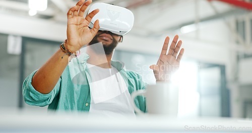 Image of Virtual reality metaverse, augmented reality vr and black man work on cyber dashboard, digital transformation or ai software. Futuristic, headset and creative graphic designer with future simulation