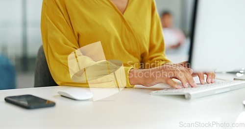 Image of Computer, keyboard and black woman typing in office, working on email or sales project. Planning, pc and young female employee writing report, advertising or marketing proposal in corporate workplace