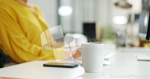 Image of Coffee, business and black woman in office by computer working on sales or marketing project. Tea, pc or happy female employee or worker drinking espresso, cappuccino or caffeine in company workplace