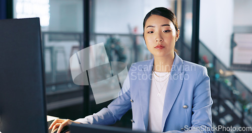 Image of Watch, deadline and computer with a business asian woman working late at night in her office for overtime. Finance, accounting and dedication with a female employee at work in her corporate workplace