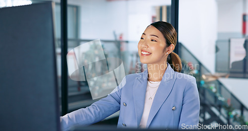 Image of Business woman, happy and smile with success, target goal reach and job satisfaction, professional and bonus at Seoul office. Asian worker, happiness and excited, content and pride in work and career