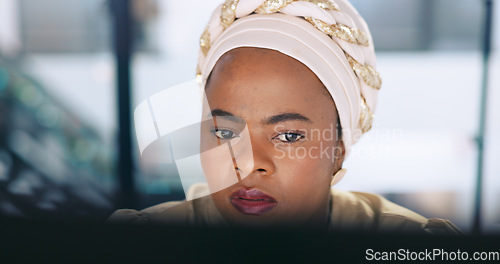 Image of Computer, startup or face of black woman programmer for cybersecurity, app coding or data analysis in office. Business, tech or employee with pc reading software code, programming or data analytics.