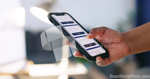 Image of Phone, hands and ux screen to scroll on mobile app, internet or website for making online booking, ecommerce and sign up for subscription. Hand of man with smartphone network to search on web
