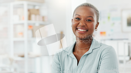 Image of Motivation, goal and business woman looking happy and proud in a startup company office. Leader, vision and small business owner enjoying her career success at new workspace, empowered and powerful