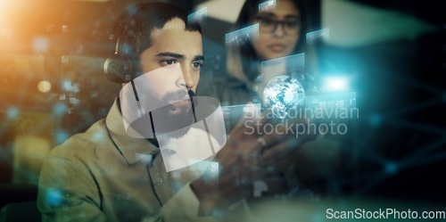 Image of Man, woman and overlay by computer in night for tech support crm, strategy or teamwork in futuristic office. Young businessman, 3d holographic ux or planning together for vision, goals and innovation