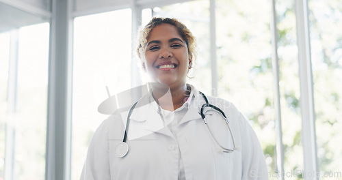 Image of Face, woman and doctor for healthcare, wellness or medicine. Female, portrait or medical professional with smile, leader or confident with uniform, stethoscope or motivation in hospital