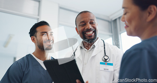 Image of Doctors teamwork, tablet and handshake in hospital in sequence. Collaboration, celebration and group of people or nurses researching with digital touchscreen, huddle and celebrating goals or targets.