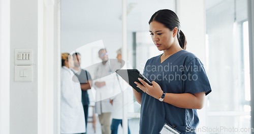 Image of Tablet research, healthcare and woman doctor in hospital for telehealth. Digital technology, nurse and medical surgeon check mobile app for data analysis, online test results and clinic information