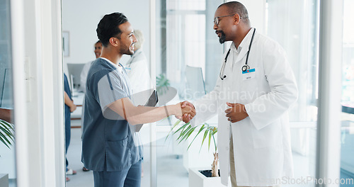 Image of Doctor, handshake or nurse on tablet in hospital teamwork collaboration, medical research planning or surgery vision idea. Smile, happy or shaking hands healthcare workers, technology or welcome talk