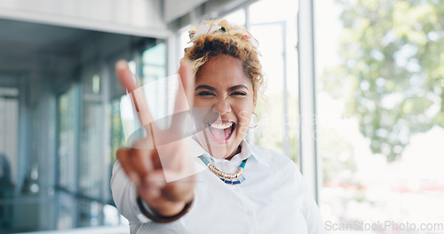 Image of Business woman, peace and in office with sign, happy and motivation. Hispanic female, girl or hand gesture for solidarity, funny or goofy for break, laughing and joyful with smile, success and vision