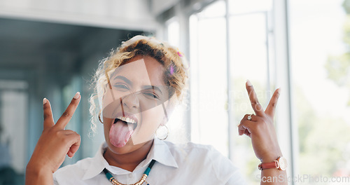 Image of Funny black woman, peace hands and office with smile, face and laughing at finance agency by window. Happy corporate executive, financial expert and comic time for crazy happiness at work in New York