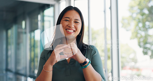 Image of Love, heart and business woman with hands for corporate support, professional career and solidarity face for a company. Motivation, smile and portrait of an employee with emoji hand for valentines