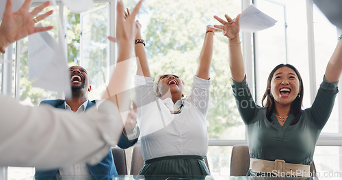 Image of Business people, throw paperwork and celebrate achievement or corporate success. Teamwork, goals celebration and documents in air for happy, excited employees and smile together or applause in office