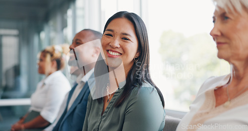 Image of Face, recruitment or business people in a waiting room for a job interview at human resources office building. Portrait, we are hiring or excited woman in queue for an advertising agency or company