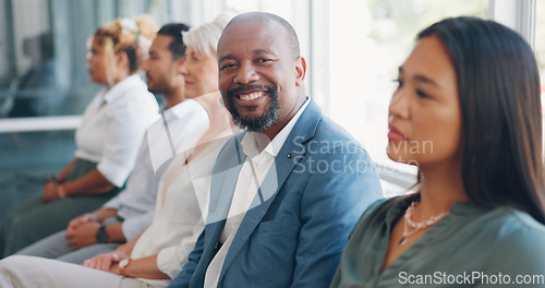 Image of Hiring, diversity recruitment and businessman in waiting room ready for job interview with human resources. Business people job search, company hr choice and portrait of African candidate in line