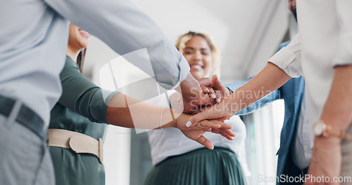 Image of Creative business people, hands and collaboration for teamwork, meeting or cooperation at the office. Hand of employee group in team building, agreement or success with applause for company startup