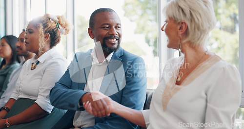 Image of Business people line, recruitment and handshake for man, woman and hello while waiting for hr staff. Human resources, shaking hands or networking at job interview, friendly or welcome conversation