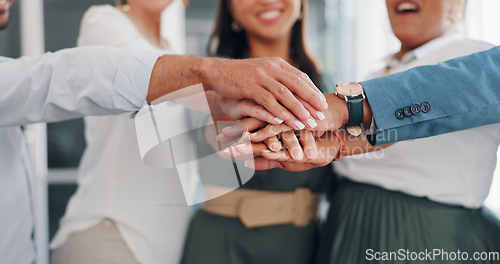 Image of Teamwork, collaboration and hands of business people in huddle for team building. Support, motivation and unity of group for trust, solidarity or targets, mission or vision, goals or success mindset.