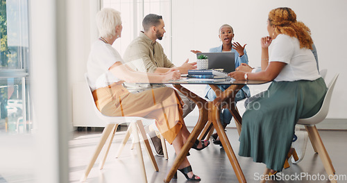 Image of Leadership, innovation or black woman in meeting planning a SEO digital marketing strategy for target audience. Collaboration, team work or employees talking of speaking of kpi goals for sales growth