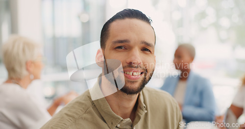 Image of Portrait, face or businessman in meeting with sales goals, mission target or vision for growth development. Creative, success or happy male employee with smile or positive mindset in office building