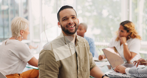 Image of Planning, happy and face of businessman in meeting for project. management, teamwork and idea. Strategy, marketing and report with portrait of employee for review, analysis and vision in workshop