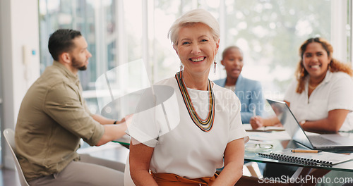 Image of Elderly business woman, management and smile for team meeting, planning or corporate collaboration at office. Portrait of senior CEO smiling for teamwork, conference or creative startup at workplace