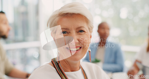 Image of Happy, smile and face of business woman in office for management, leadership and vision. Professional, planning and future with portrait of ceo in meeting with employee for mindset, career or goals