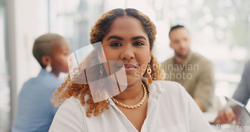 Image of Face of a business woman in meeting with her corporate team in the office. Happiness, success and portrait of professional female employee from Mexico sitting in workplace discussion