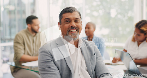 Image of Businessman, face or office boardroom meeting for company financial planning, investment growth ideas or insurance review. Portrait, smile or happy mature manager, leadership or finance ceo with team