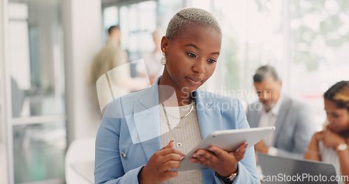 Image of Black woman, office and tablet for connection, online search and marketing strategy. African American female, ceo and entrepreneur with device, data analysis and meeting for brainstorming and fintech