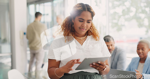 Image of Tablet, digital marketing or woman networking for target audience research on social media via wifi. Website, email or focused employee scrolling or surfing the internet for content marketing ideas