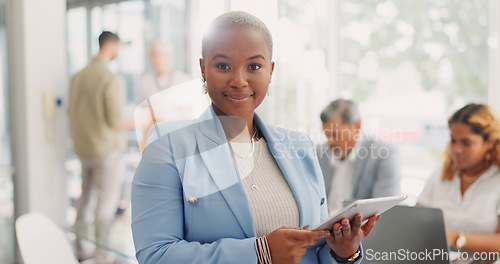 Image of Face, leadership and black woman with tablet in meeting for advertising or marketing strategy. Boss, ceo and female entrepreneur with touchscreen for research, email or internet browsing in workplace