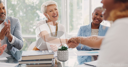 Image of Handshake, applause or woman with success for meeting sales kpi, target or job goals in a company. Support, congratulations or happy business people shaking hands to praise an employee winning a deal