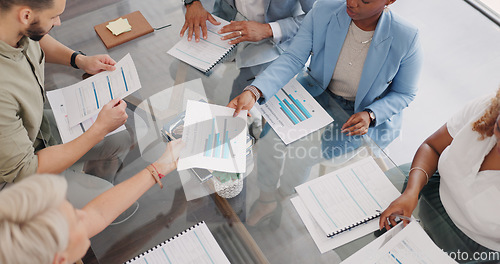 Image of Office, meeting and hands with documents for financial strategy, planning and company development. Corporate finance people check business information together at workplace table.